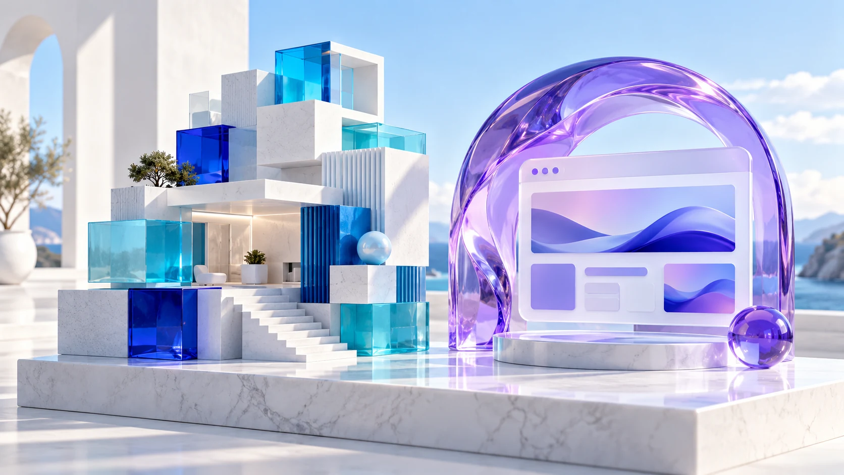 Modular cyan building blocks beside a sculptural violet browser frame