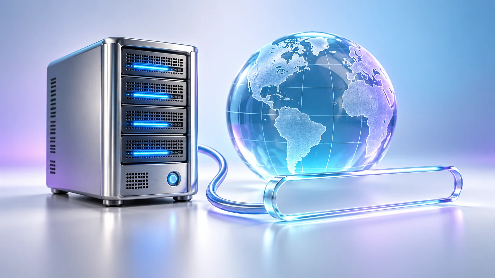 A silver server, translucent globe and blank glass address bar in a bright studio