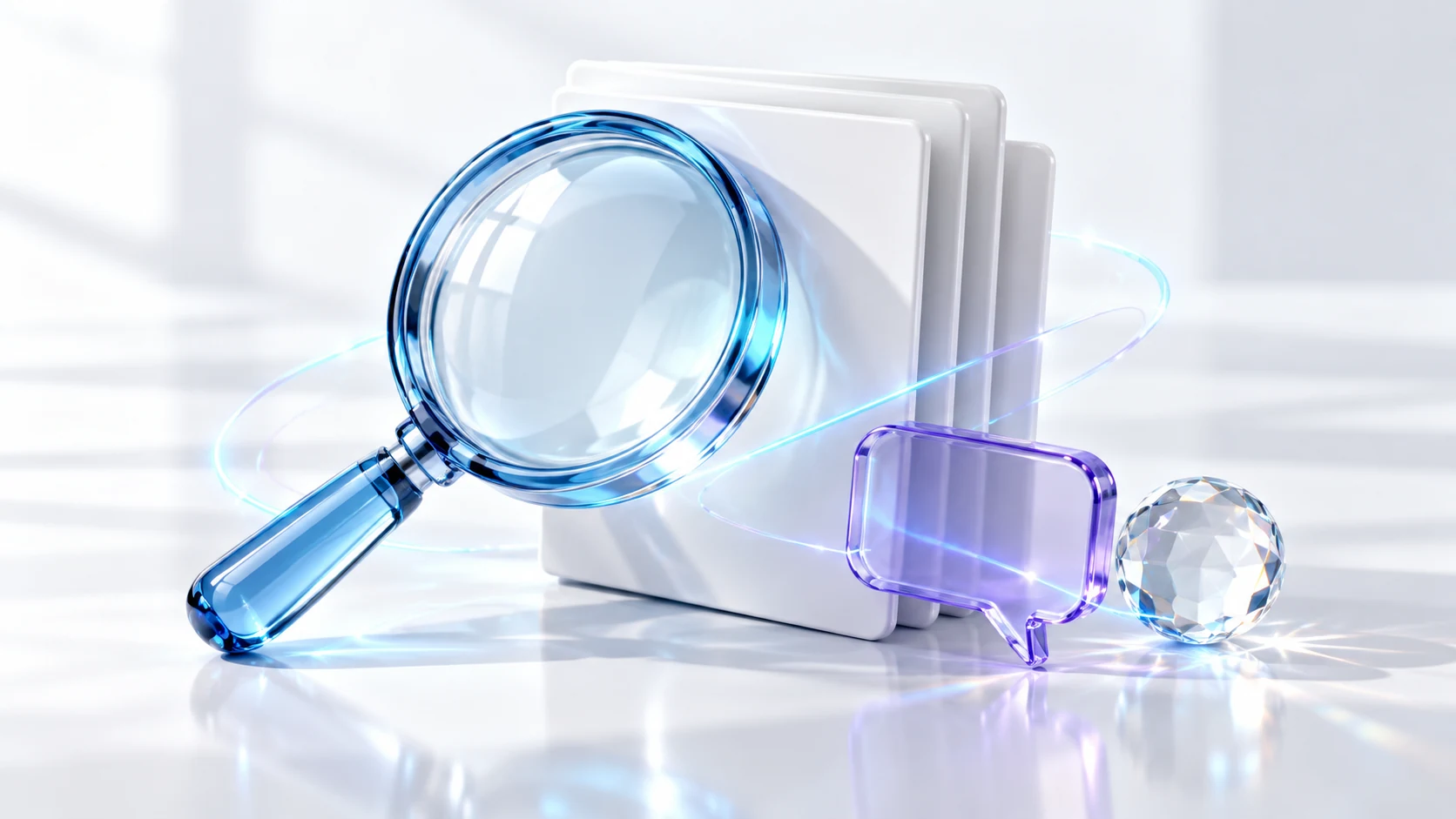 Blue glass magnifying glass, white page forms and a violet speech bubble