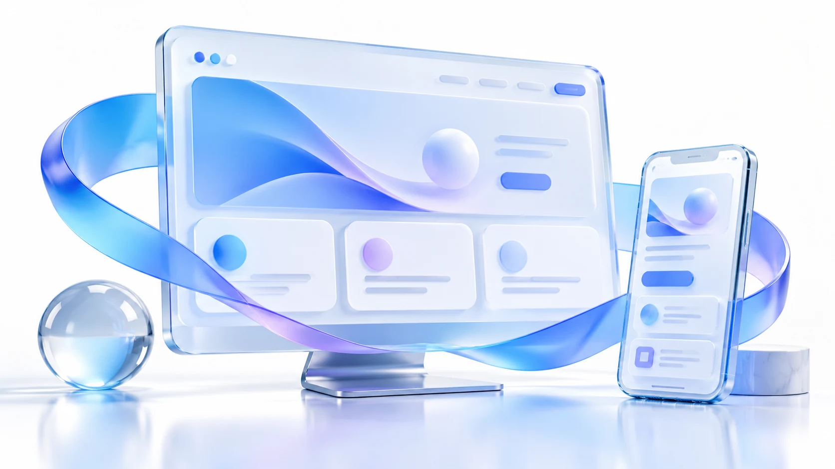 Glass desktop and mobile website forms connected by a blue and violet ribbon